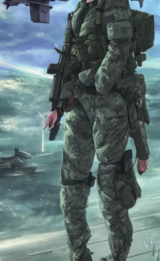 Image similar to girl, trading card front, future soldier clothing, future combat gear, realistic anatomy, concept art, professional, by gainax anime studio, green screen, volumetric lights, stunning, military camp in the background, the wings of honnêamise