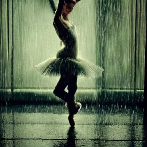 Prompt: portrait of a ballerina, dancing in the rain, cinematic light and reflections, beautiful dreamy lighting, by annie leibovitz,