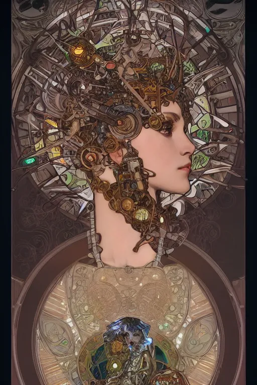 Image similar to realistic detailed portrait of a mecha cyberpunk! goddess by Alphonse Mucha, Charlie Bowater, Art Nouveau cyberpunk! style, mechanical accents!, mecha plate armor, glowing LEDs, flowing wires with leaves, rich deep moody colors