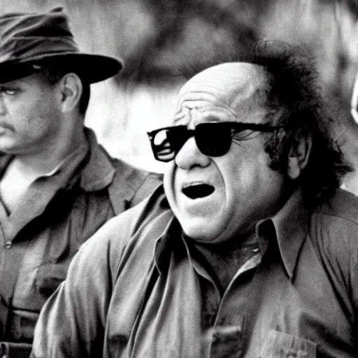 Image similar to Danny DeVito joins the VietCong, epic quality, dramatic, 8k, movie still, sharp focus