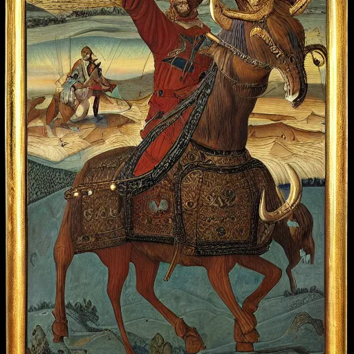 Image similar to painting of the swedish king riding a moose into battle holding a greatsword above his head, carlo crivelli