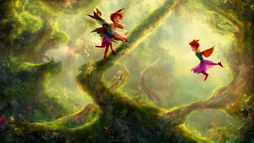 Image similar to Peter pan and Tinkerbell flying through a beautiful fantasy forest, trending on artstation, painterly style, concept art, oil painting