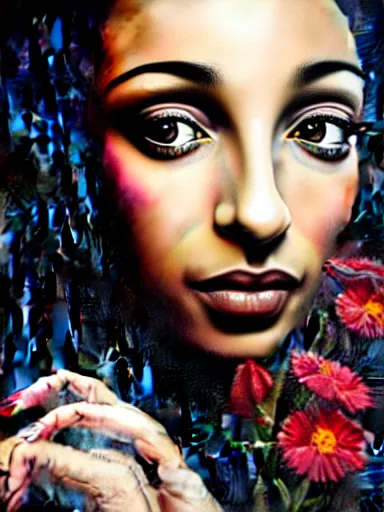 Image similar to portrait of sade with a floral background : : painted by artgerm, karol bak, artur bordalo, sandra chevrier : : portrait, character, illustration, hyperrealism, photorealism