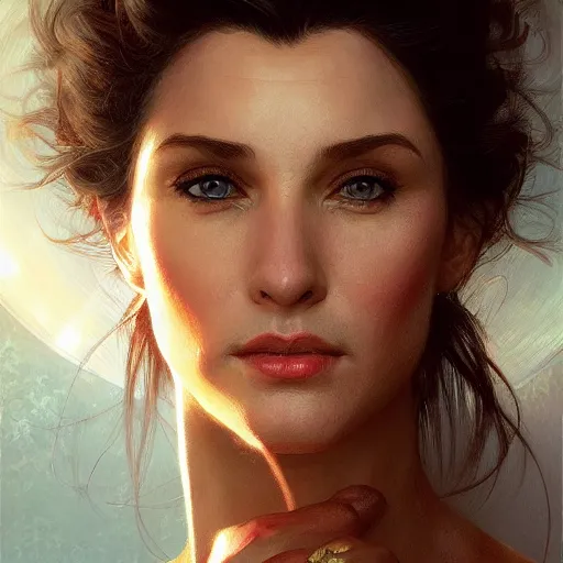 Image similar to portrait of a woman, stallone, schwarzenegger, intricate, elegant, highly detailed, digital painting, artstation, concept art, smooth, sharp focus, illustration, art by artgerm and greg rutkowski and alphonse mucha and william - adolphe bouguereau