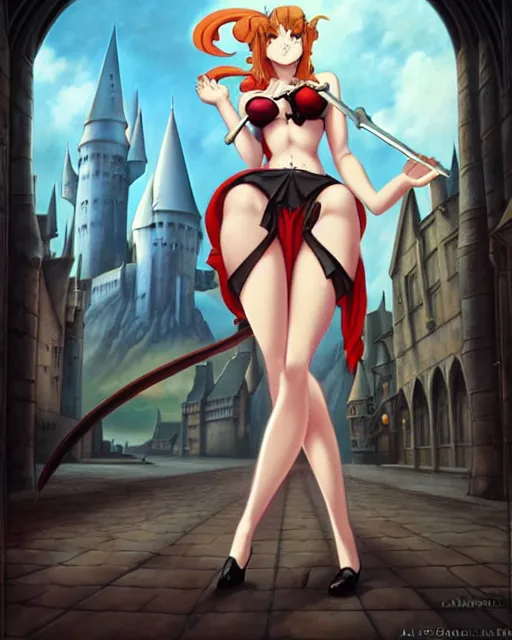 Prompt: pinup photo of cute caracal in the crowded square of hogwarts, asuna by a - 1 pictures, by by peter mohrbacher, gil elvgren, enoch bolles, glossy skin, pearlescent, anime, very coherent, sao style anime, flat