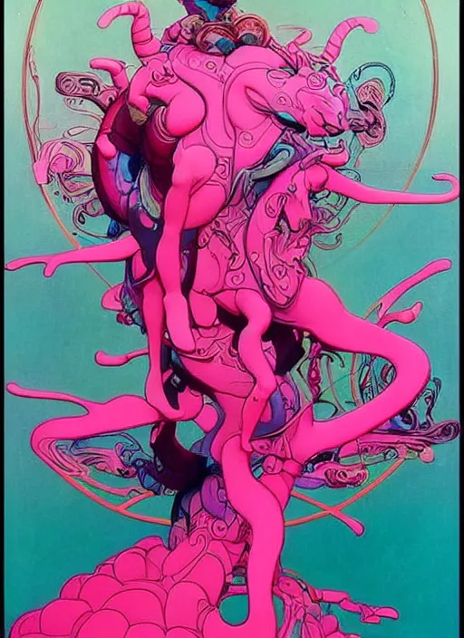 Image similar to mutant biomorphic biological biogeometric structure, hot pink and teal, cinematic graded palette. animal spirit guardian carousel painted jean - leon gerome, homer tanuka, james jean, mead schaeffer. trending on pinterest. influences from dean cornwell, greg tocchini, alphonse mucha, akira