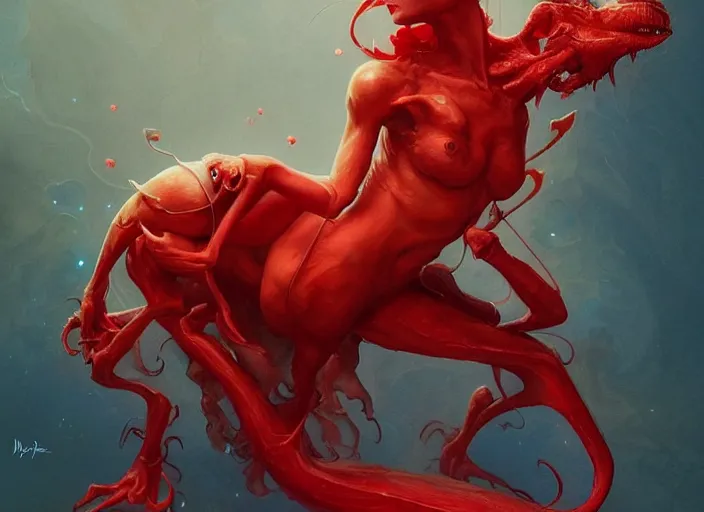 Prompt: woman loves sit upon a scarlet coloured beast, pain, light effect, hyper detailed, intricate, elegant, highly detailed, digital painting, artstation, concept art, matte, sharp focus, illustration, by peter mohrbacher, hajime sorayama, wayne barlowe, boris vallejo, aaron horkey, gaston bussiere, craig mullins