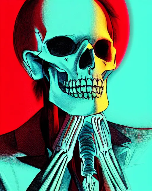 Prompt: dramatic cyberpunk portrait of a skeleton in a suit, red green blue color glow, atmospheric haze, intense shading, optic ripple, backlit, centered