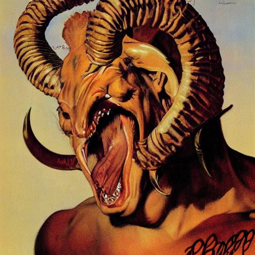 Prompt: upper body portrait a demon with the horns of a ram, by norman rockwell and boris vallejo