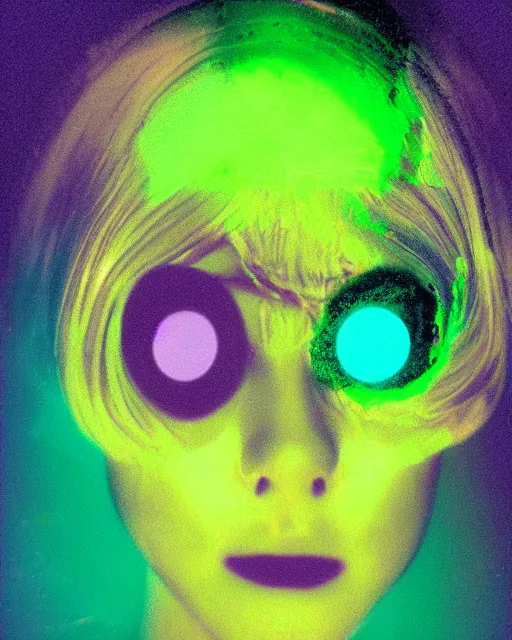 Prompt: cut and paste, featureless surprised robotic woman's face, metallic bob hair, dark makeup, violet and yellow and green and blue lighting, polaroid photo, 1 9 8 0 s cgi, atmospheric, whimsical and psychedelic, grainy, expired film, super glitched, corrupted file, ghostly, bioluminescent glow, sci - fi, twisty