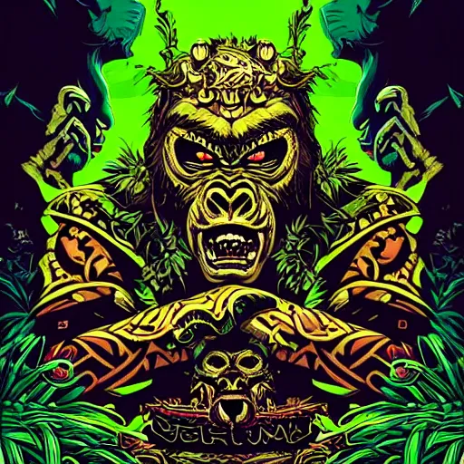 Image similar to barong family member, wiwek, mara demon, one single tribe member, jungle, one single mask, dark, ancient warrior, gorilla in jungle, lizard, tribal, fists, inner glow, art by dan mumford and justin gerard