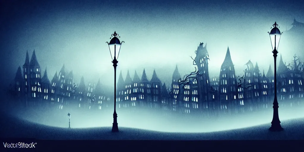 Prompt: curved perspective epic illustration of night city with curly victorian street lamp in a foggy field hilly ground from tim burton nightmare before christmas