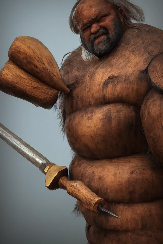 Image similar to photorealist detailled beautiful octane render portrait of a heavy wooden creature made of wood holding a shiny metallic axe, bokeh, soft focus, f 1. 8, unreal engine, particles, raytracing