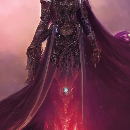 Prompt: masterpiece digital painting of a beautiful woman knight portrait, centered, heavy black obsidian armor, chaotic ruby inlays, large cape, by kev walker and greg rutkowski and mucha and luis royo, atmospheric fog effects background, purple sparkles, artstation, deviantart, closer view, cinematic lights