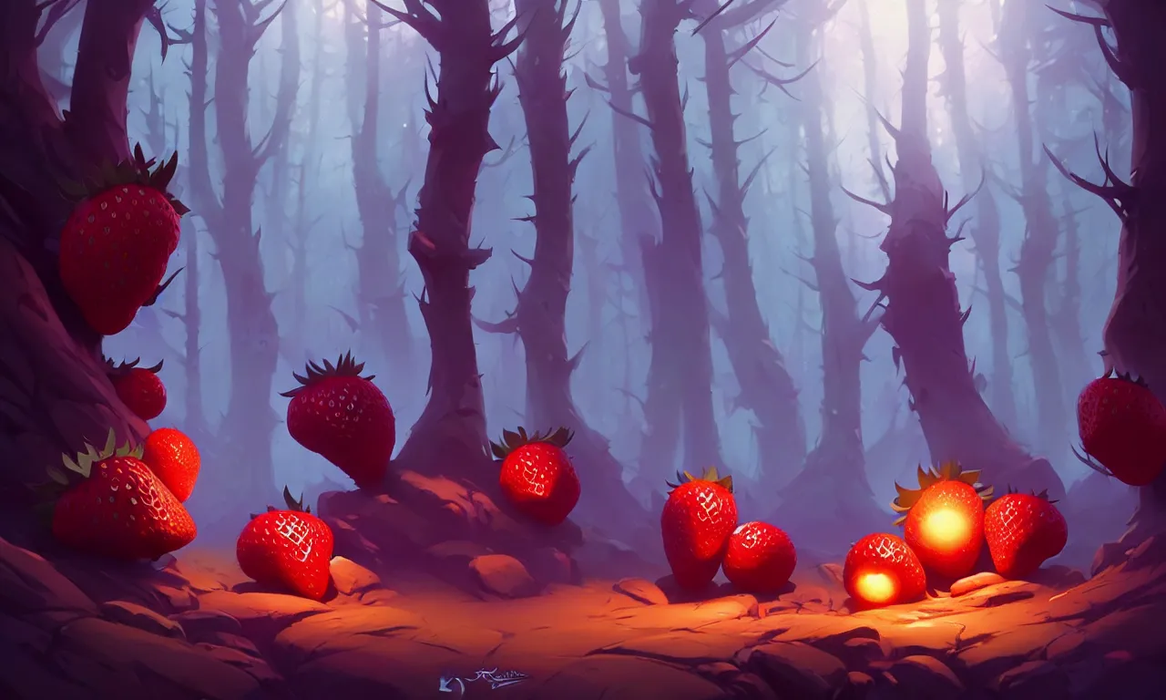 Image similar to Dark forest large strawberries, behance hd by Jesper Ejsing, by RHADS, Makoto Shinkai and Lois van baarle, ilya kuvshinov, rossdraws global illumination