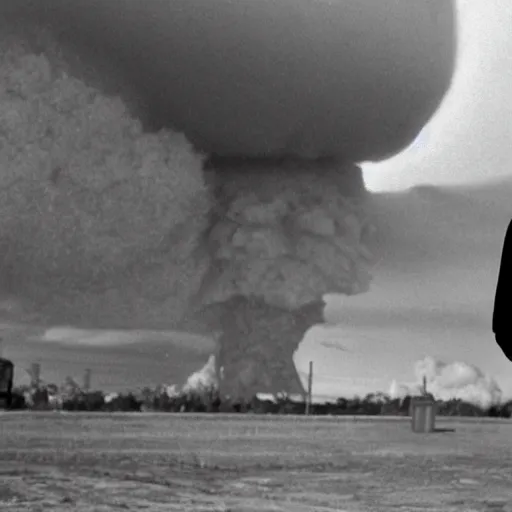 Prompt: a man wearing a tuxedo and carrying a briefcase watching a nuclear explosion in a city in the distance