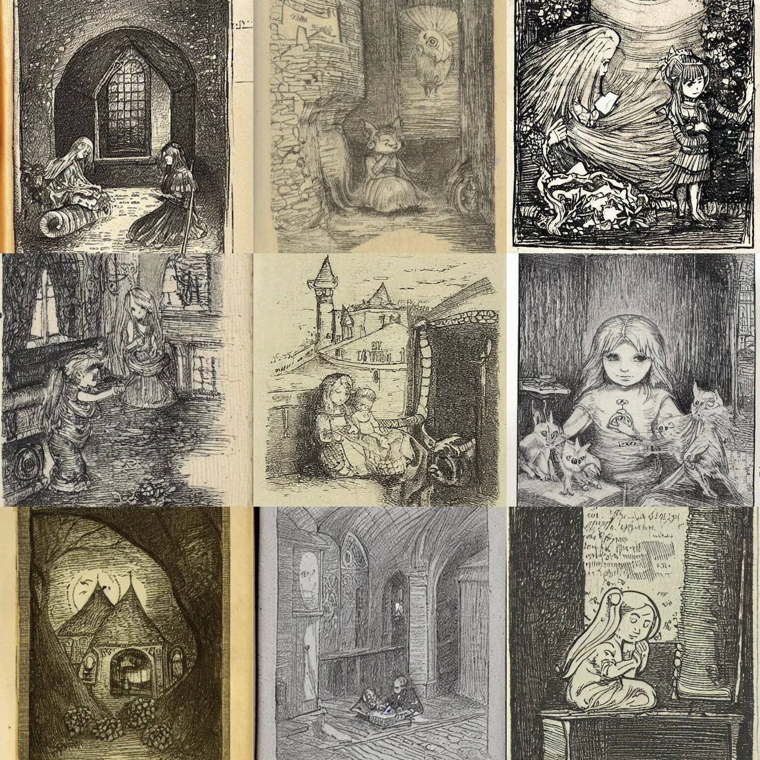 Prompt: sketch of the cover of an old cute chibi magical book, etching by louis le breton, 1 8 6 9, 1 2 0 0 dpi scan