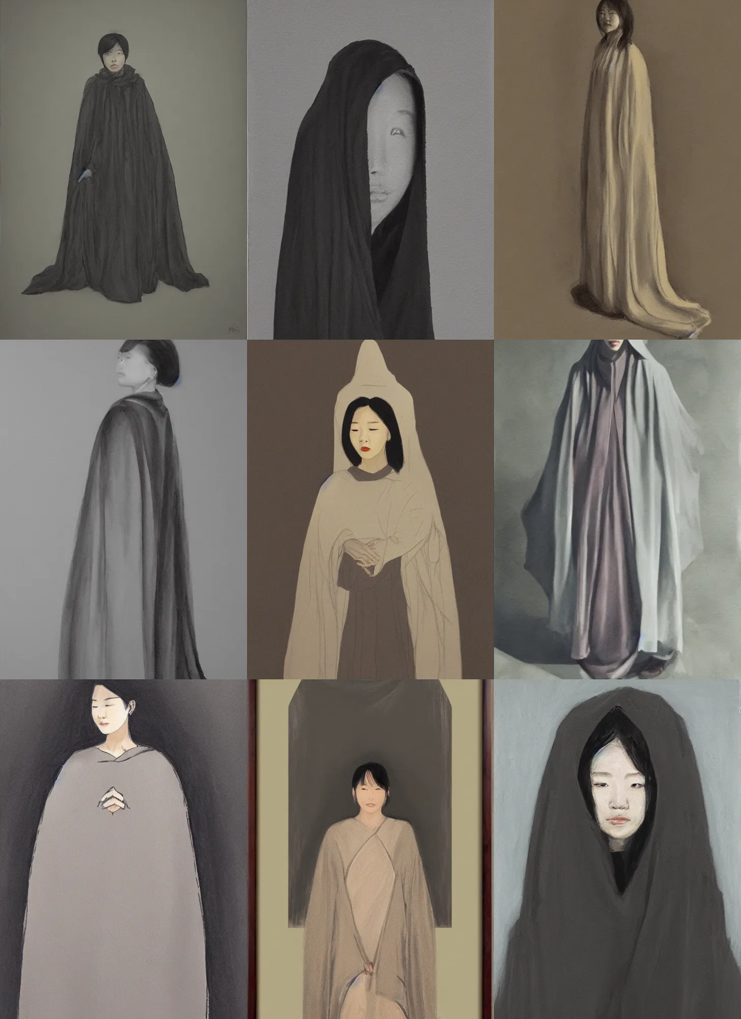 Prompt: full body portrait of woman with cloak by jeongmin lee, dark