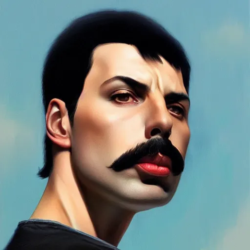 Image similar to of an ultradetailed beautiful portrait panting of freddie mercury, front view, oil painting, by ilya kuvshinov, greg rutkowski and makoto shinkai