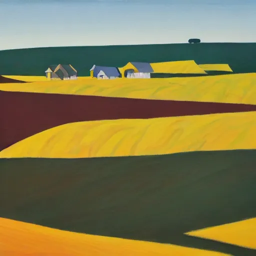 Image similar to dreaming futuristic rural landscape with modern houses, painted by Alex Katz and Edward Hopper, airbrush, highly detailed