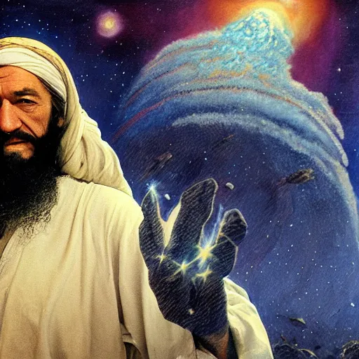 Image similar to painting of ian mckellen as osama bin laden fighting an alien invasion in deep space by creatures from jupiter, arial shot, highly detailed, award painting, 8 k, alien landscape