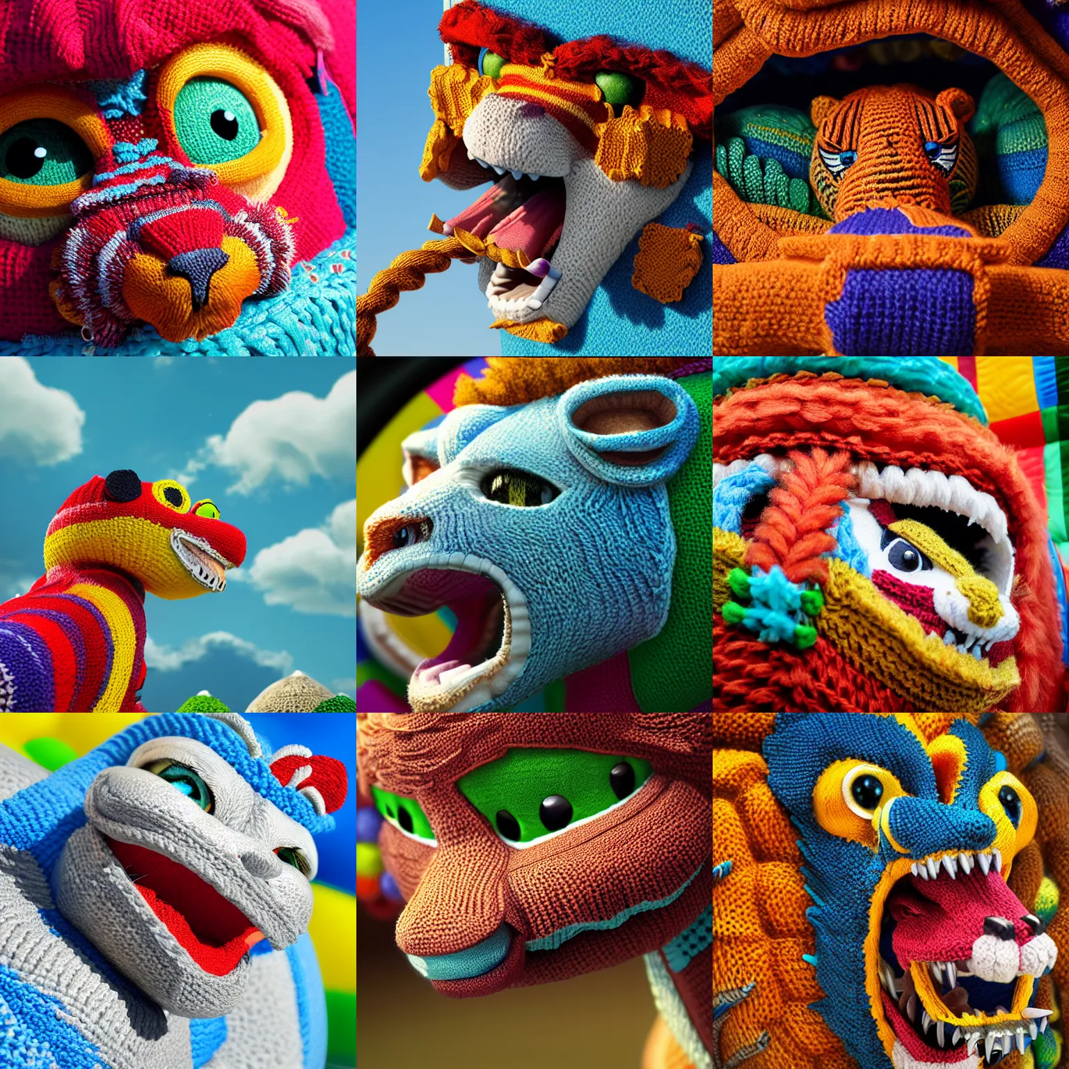 Prompt: a closeup photorealistic photograph of a cute knitted barracuda lion in a bouncy castle. intricate stitching. professional capture. brightly lit scene. this 4 k hd image is trending on artstation, featured on behance, well - rendered, extra crisp, features intricate detail, epic composition and the style of unreal engine.