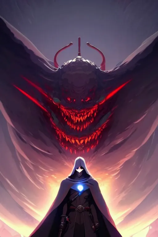 Prompt: video game cover, reaper dressed with a cape surrounded by demons, mid view, design on a white background, by studio muti, greg rutkowski makoto shinkai takashi takeuchi studio ghibli
