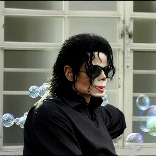 Prompt: michael jackson 2 0 0 9 wearing shades, alone, this is it style, photo real, pores, motion blur, sitting with bubbles the chimp window open, real life, spotted, ultra realistic face, accurate, 4 k, movie still, uhd, sharp, detailed, cinematic, render, modern