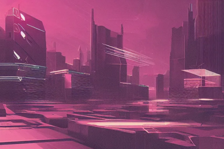 Prompt: soft clean chrome geometric landscape, cyberpunk, cinematic, retrofuturism, sci - fi, hyper realism, vaporwave aesthetic, extremely detailed, intricate, digital art