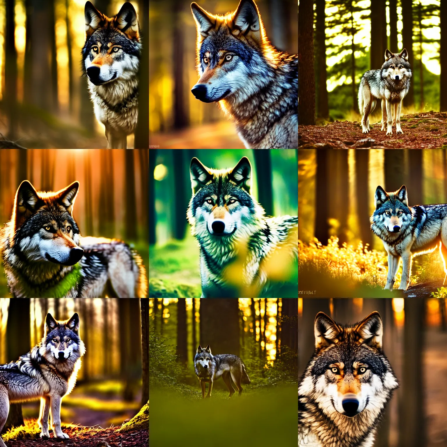 Prompt: a 3 5 mm photograph of a wolf in the forest, f / 1 1 bokeh depth of field, soft golden hour lighting