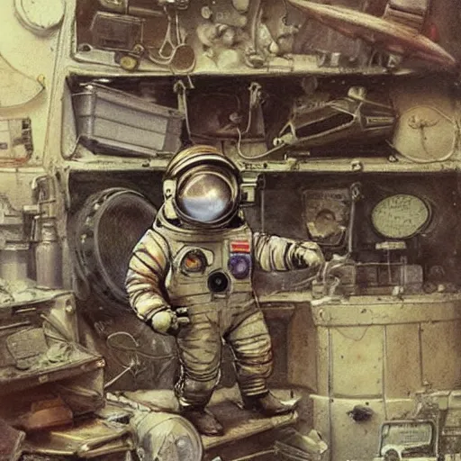 Image similar to ((boy in a retro space suit in a cluttered inventors shop . muted colors.)) by Jean-Baptiste Monge !!!!!!!!!!!!!!!!!!!!!!!!!!!