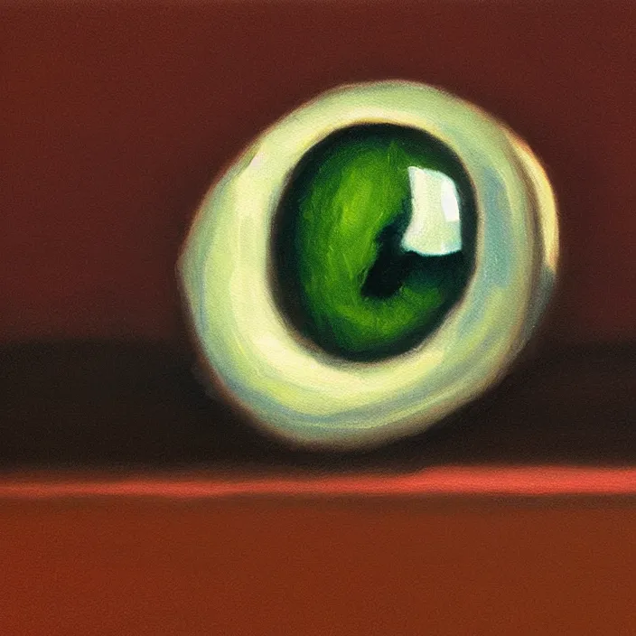 Prompt: a very detailed closeup painting of an eyeball, scary, very small brushstrokes, in the style of edward hopper, 4 k,