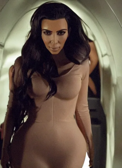 Image similar to movie still of a kim kardashian with a alien facehugger on her face, cinematic.