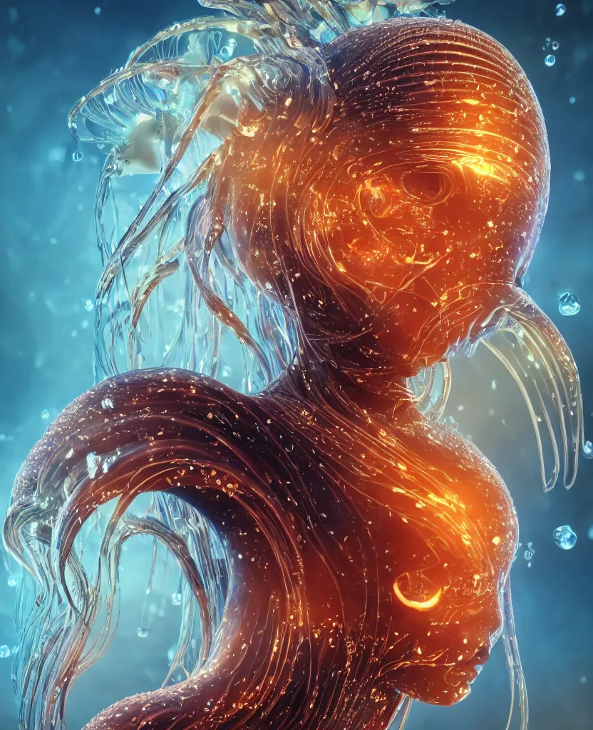 Image similar to close-up macro portrait of the face of a beautiful princess, epic angle and pose, symmetrical artwork, 3d with depth of field, blurred background, cybernetic jellyfish female face skull phoenix bird, translucent, nautilus, energy flows of water and fire. a highly detailed epic cinematic concept art CG render. made in Maya, Blender and Photoshop, octane render, excellent composition, cinematic dystopian brutalist atmosphere, dynamic dramatic cinematic lighting, aesthetic, very inspirational, arthouse. y Greg Rutkowski, Ilya Kuvshinov, WLOP, Stanley Artgerm Lau, Ruan Jia and Fenghua Zhong