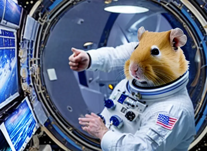 Image similar to film still of a hamster working for mission control at nasa, 8 k