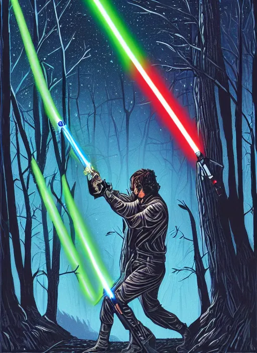 Prompt: lightsaber duel in a forest at night by Dan Mumford