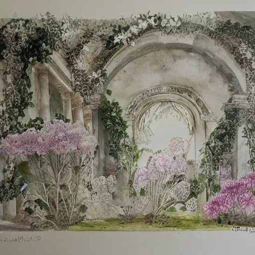 Image similar to delicate marble garden, watercolors on paper, stony, puffy, botanical herbarium, botanic, iridescent, 8 k wide angle, realistic shaded, fine details, artstation, italian, colonnade, oak tree, pinecone, pomegranade, hydrangea, vines, gardena architecture, pompeii