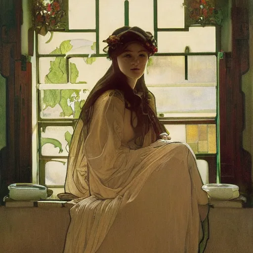 Image similar to a beautiful painting of a young girl in the scottish highlands, underexposed and overcast, by alphonse mucha, john sargent, and octane.