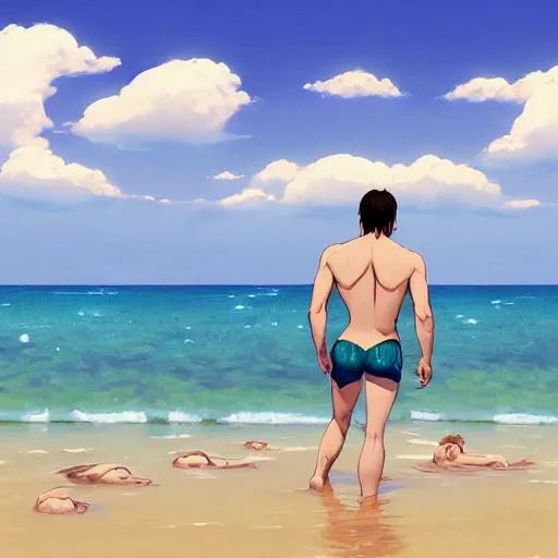 Prompt: Daniel Radcliffe wading in the beach, waist deep in the water, ripples, facing the camera, full shot, wearing blue swimsuit. By Makoto Shinkai, Stanley Artgerm Lau, WLOP, Rossdraws, James Jean, Andrei Riabovitchev, Marc Simonetti, krenz cushart, Sakimichan, trending on ArtStation, digital art. @MarioManiacDude