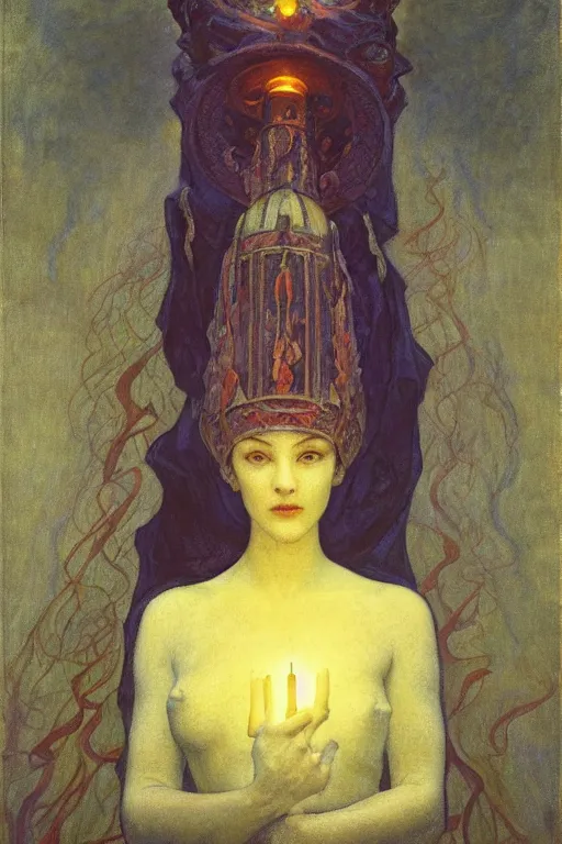 Image similar to queen of the fog with her lantern by Annie Swynnerton and Nicholas Roerich and jean delville, strong dramatic cinematic lighting , ornate headdress , flowing robes, lost civilizations, smooth, sharp focus, extremely detailed