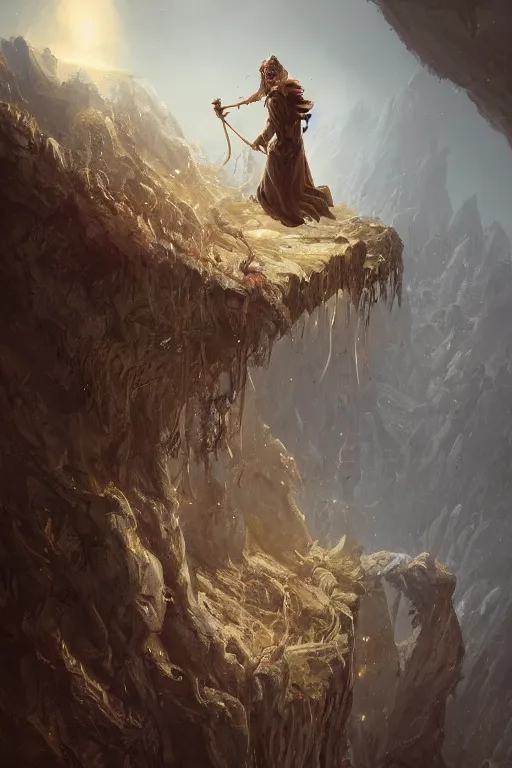 Image similar to profile view, a necromancer on a cliff with a staff casts a spell that reveals the secret of life the universe and everything, dirty linen robes, staff of bones, grizzled bearded withered man by jessica rossier and hr giger