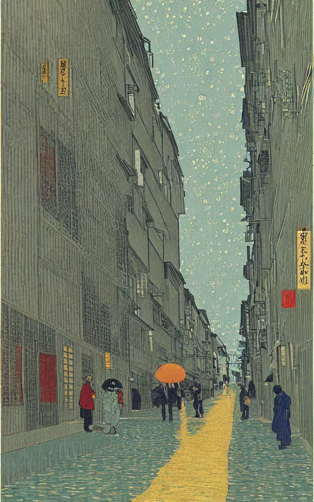 Image similar to rainy streets of kyoto, fibonacci sequence. japanese embroidery. retro minimalist art by jean giraud and van gogh.