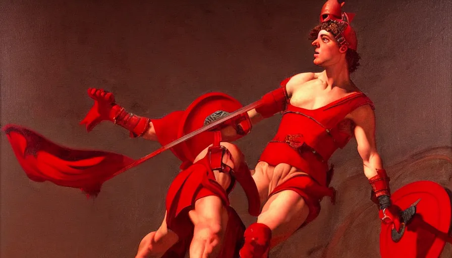 Image similar to only with red, a red gladiator in a crowded roman amphitheatre, crowd cheers him, in the style of rolf armstrong and ambrosius benson and edward hopper, intricate and epic composition, red by caravaggio, highly detailed, masterpiece, red light, artstation