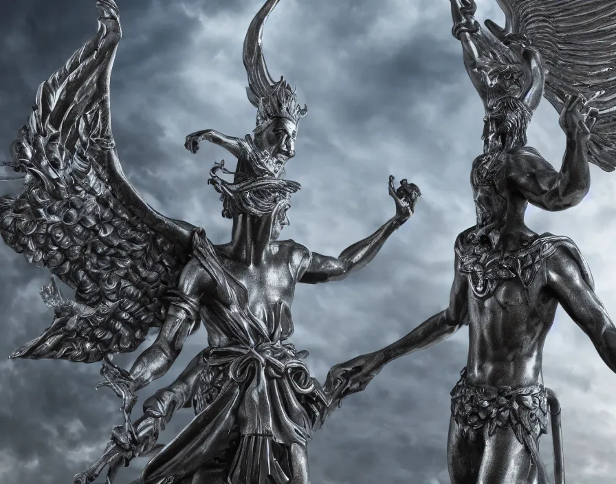 Image similar to silver statue of god and lucifer, beautiful texture, beautiful graphics, fantasy artwork, very beautiful scenery, hd, hdr, ue 5, ue 6, unreal engine 5, cinematic 4 k wallpaper, 8 k, ultra detailed