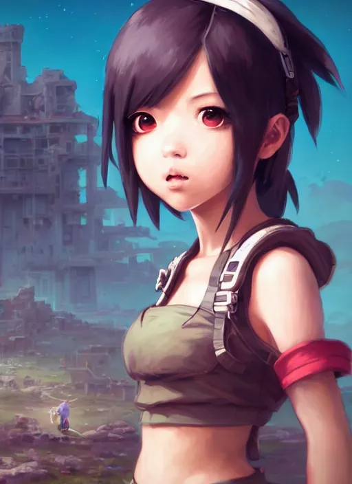 Prompt: beautiful portrait of yuffie from final fantasy dahyun from twice the painterly style of wlop, artgerm, yasutomo oka, yuumei, rendered in octane render, surrounded by epic detailed ruins landscape by simon stalenhag, dynamic soft dramatic lighting, imagine fx, artstation, cgsociety, by bandai namco artist,