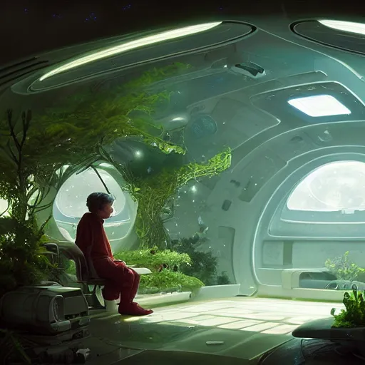 Prompt: , boy and grandma in sci - fi green house, spaceship, plants, stephen bliss, misty, unreal engine, pixar, fantasy art by greg rutkowski, loish, ferdinand knab, and lois van rossdraws, global illumination, radiant light, minimalist, detailed and intricate environment