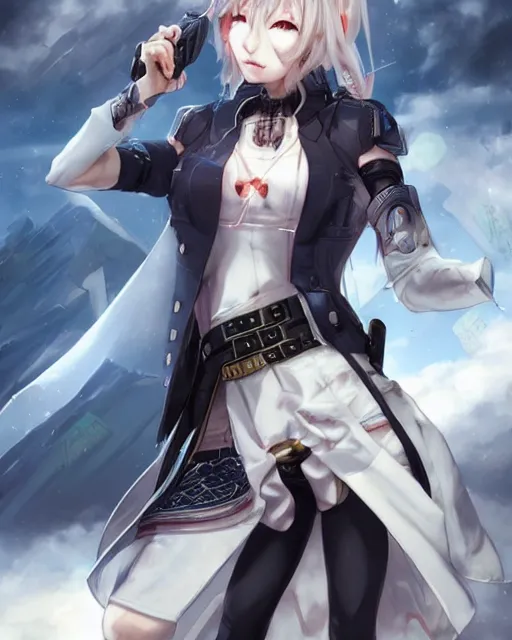 Image similar to The successful warrior is the average man, with laser-like focus, artwork by artgerm, anime, cyberpunk streets in Japan, holding a glock, elegant, seductive, long white hair, knee high socks, extra short blue plaid skirt, white blouse, full shot, wide-shot, long-shot, fantasy, mystical, magical