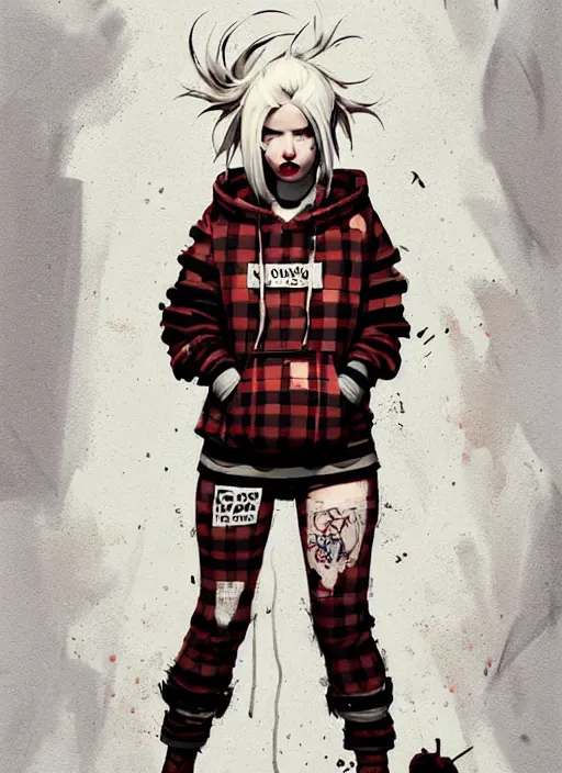 Image similar to highly detailed portrait of a sewer punk canadian lady, tartan hoody, white hair by atey ghailan, by greg rutkowski, by greg tocchini, by james gilleard, by joe fenton, by kaethe butcher, gradient red, brown, blonde cream and white color scheme, grunge aesthetic!!! ( ( graffiti tag wall background ) )