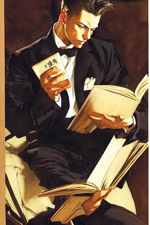 Prompt: attractive man reading book, painting by j. c. leyendecker, yoji shinkawa, katayama bokuyo