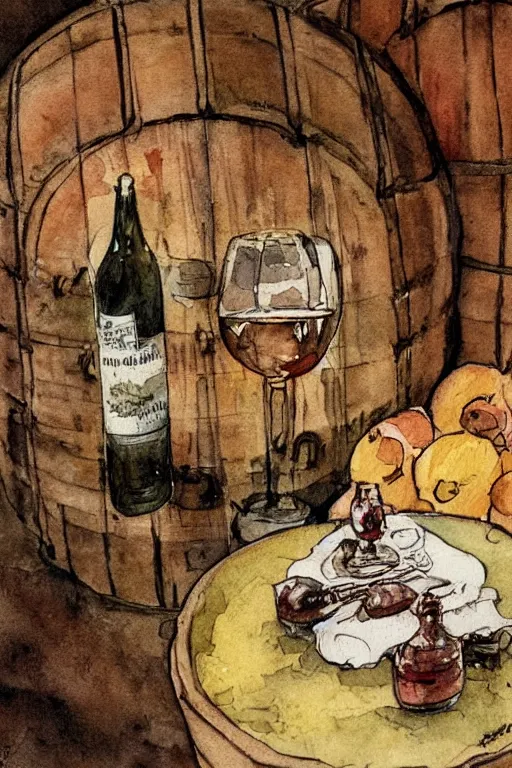 Image similar to pork schnapps wine candle on a barrel in a cellar, watercolor painting by anderz zorn and carl larsson